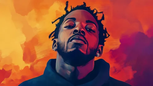 Bold portrait merges neon lighting with fiery sky backdrop.