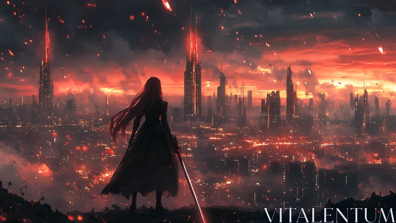 Lone warrior surveys a burning cyberpunk city at dusk.