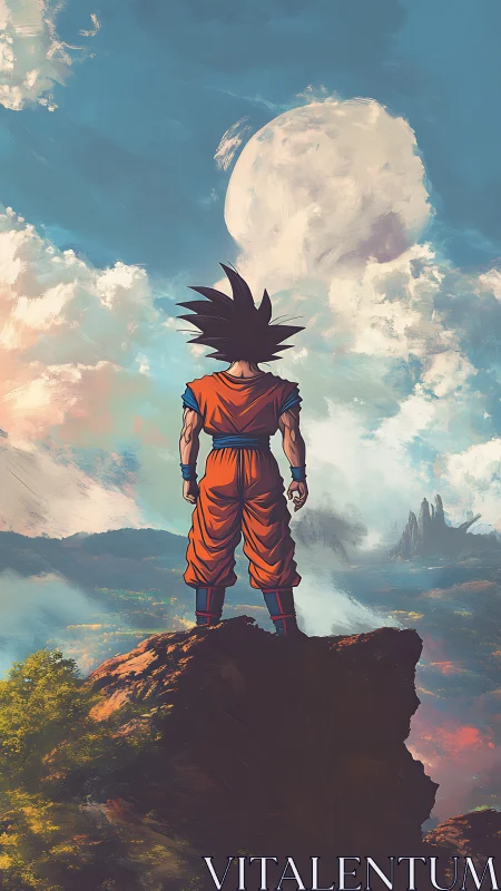 Solitary warrior overlooking vast moonlit fantasy valley.