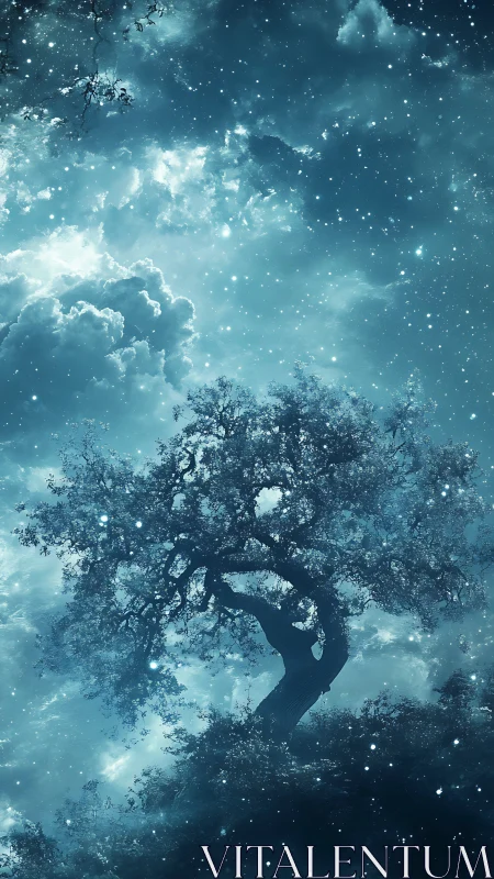 Starry night sky over lone silhouetted tree in blue tones.