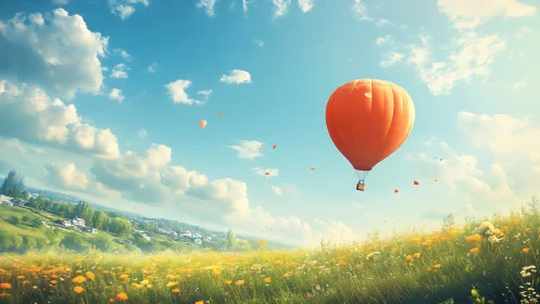 Sunlit orange balloon drifting above wildflower whispers.