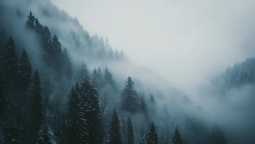 Misty Alpine Forest Valley in Winter Snow.