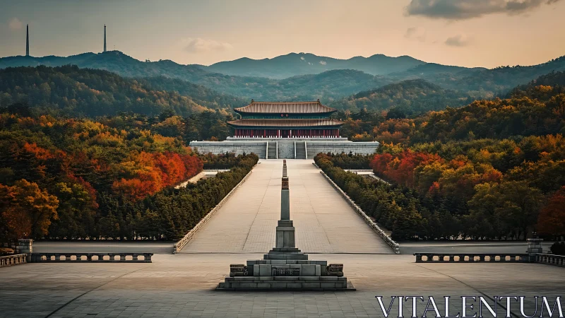 Central monument and pavilion within forested mountain complex.