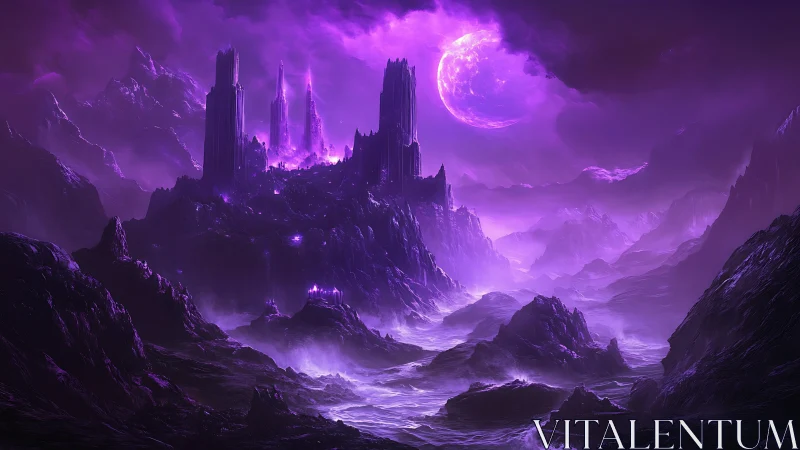 Spectral basalt citadel beneath irradiated violet moonrise.