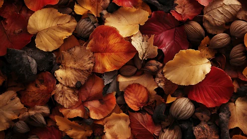 Autumn leaf litter matrix with nut shells in warm chromatic range.