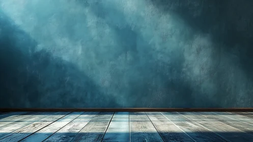 Textured teal plaster wall with sunlit distressed wood floor