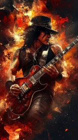 Flame-forged rock guitarist shredding through molten sparks.