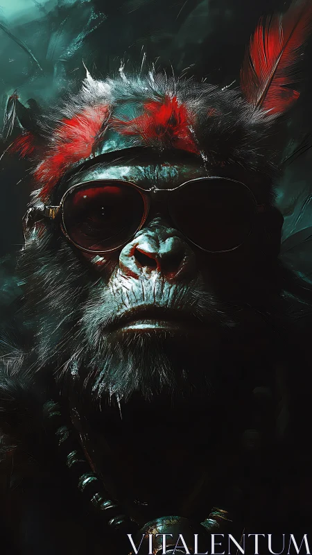 Primate shaman portrait wears sunglasses and feathered headdress
