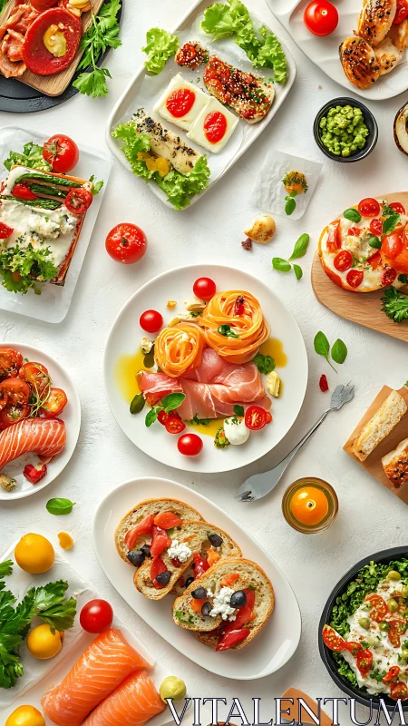 Colorful Mediterranean brunch spread with salmon and tapas.
