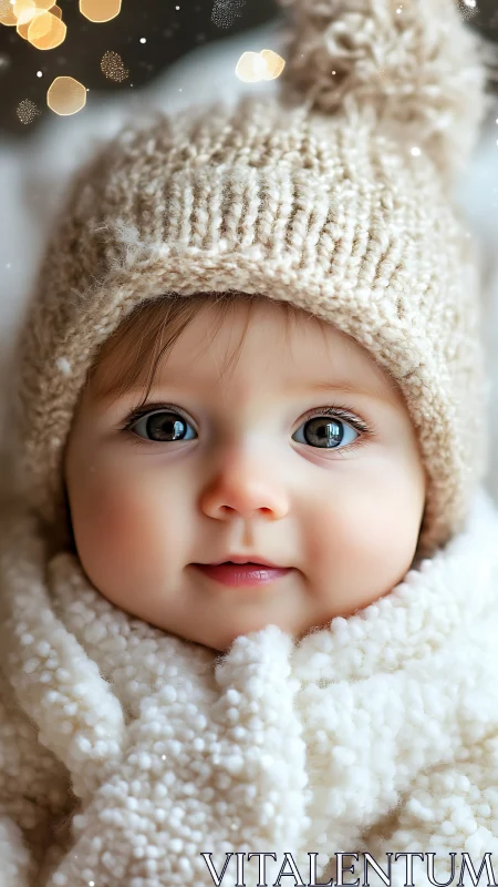 Winter-Bundled Baby with Warm Beige Knit Hat and Gentle Eyes