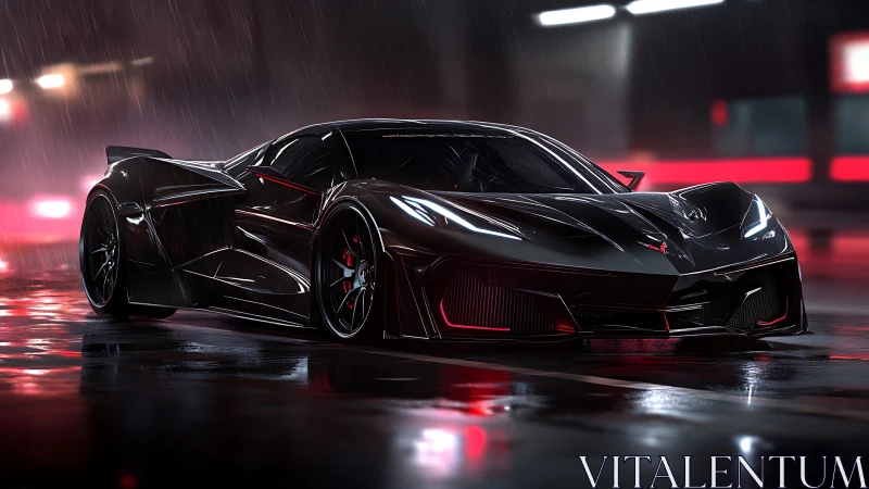 Sleek black supercar on neon lit wet night street scene.