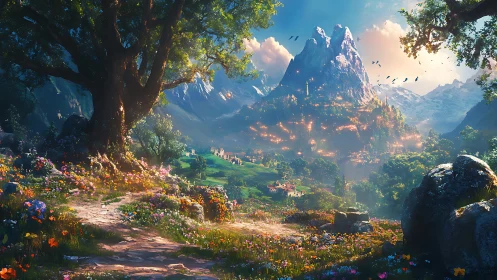 Sunlit fantasy valley with glowing mountain citadel at dusk.