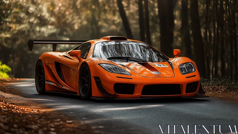 Orange forest rocket poised for silent, asphalt-bending launch.