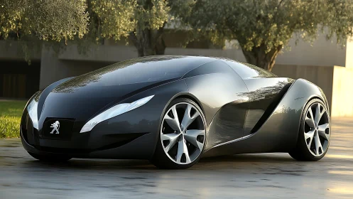 Sculpted black concept car glowing in soft afternoon light.
