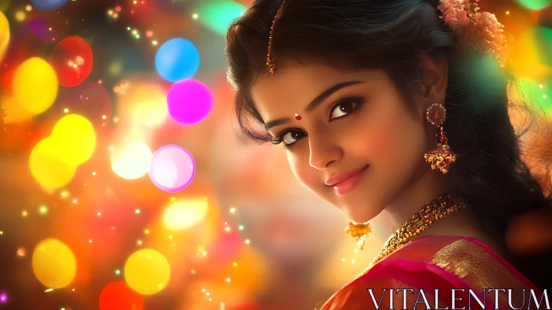 Digital portrait of festive Indian woman in warm bokeh glow.