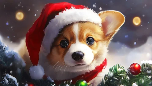 Festive corgi puppy in Santa hat amid glowing ornaments.