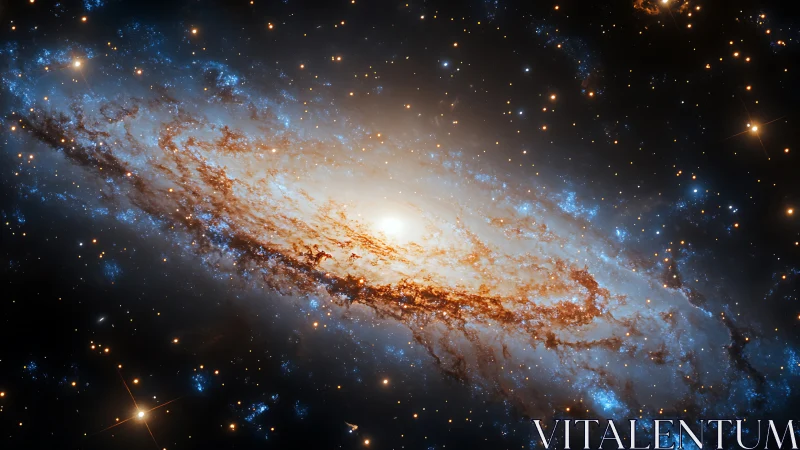 Photorealistic barred spiral galaxy with luminous stellar core.