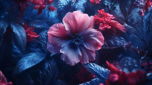 Luminous Pink Blossom Set Against Midnight Blue Botanical Garden