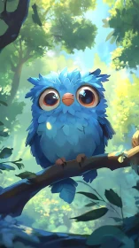 Blue fluffy forest owl with huge eyes on sunlit branch.