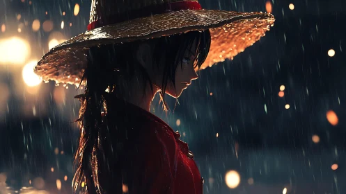 Straw hat wanderer pausing in rainlit night calm.