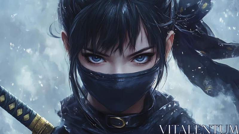 Masked ninja girl stares through snow with icy resolve