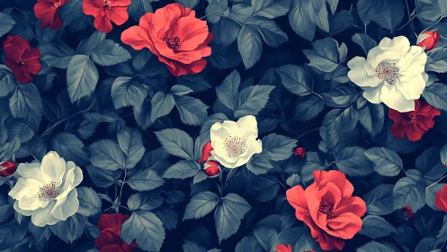 Layered Botanical Composition With Contrasting Coral and Cream Floral Elements.