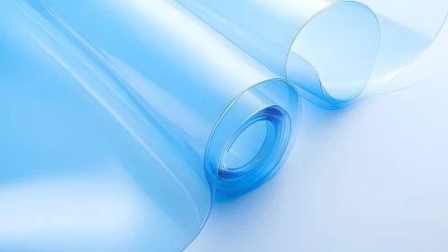 Transparent blue plastic film rolls on white background, minimal style.