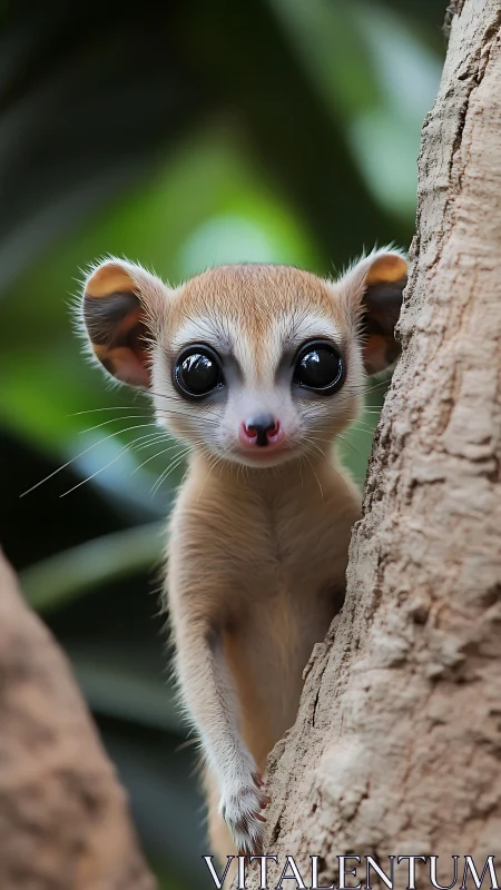 Wide-eyed tree-dwelling mammal in lush forest portrait.
