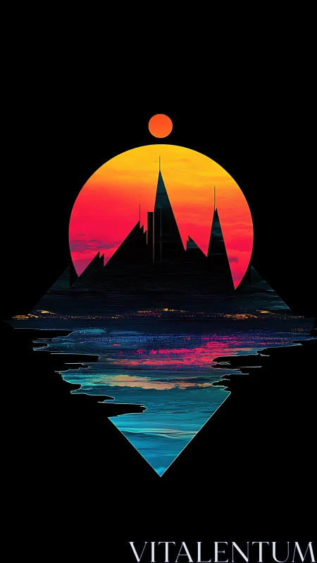 Geometric skyline silhouette intersects mirrored gradient seascape