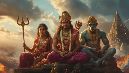 Epic digital tableau of Hindu deities over burning landscape.