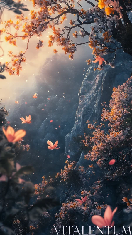 Vertical rocky ravine with pink blossoms and drifting petals.