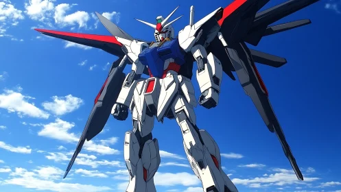 Sky-piercing mecha sentinel crowned in blazing daylight.