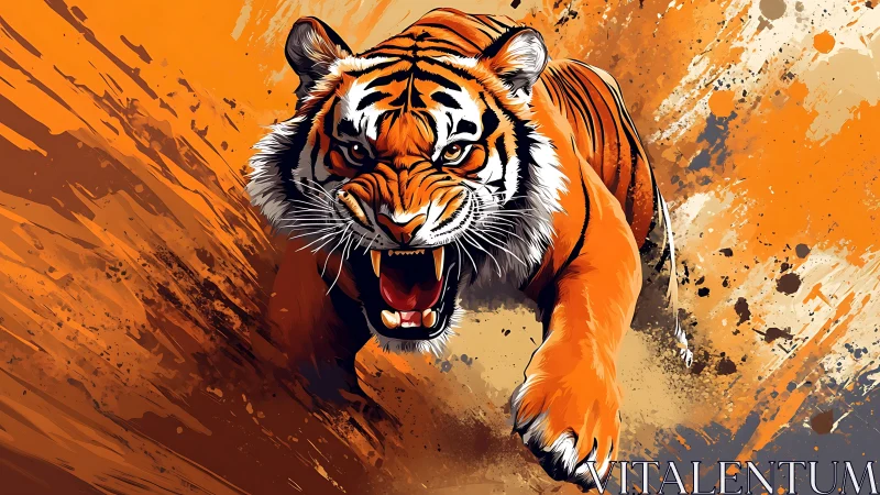 Vector-optimized tiger charge with dynamic paint-splash kinematics.
