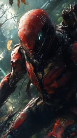 Armored red sci fi soldier crouches in dense forest