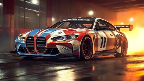 Racing BMW sports car with bold livery in fiery pit lane.