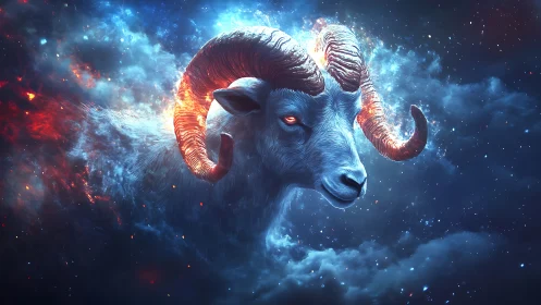 Cosmic ram head blazes through nebula with molten horns.