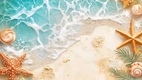 Sunlit shoreline sparkles with foamy waves and bright shells