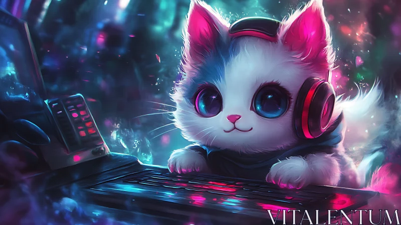 Neon gamer kitten pilots a cyber keyboard dreamscape.