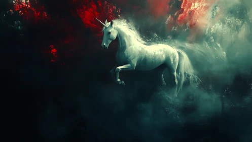 Luminescent unicorn emerges through crimson and teal nebula mist