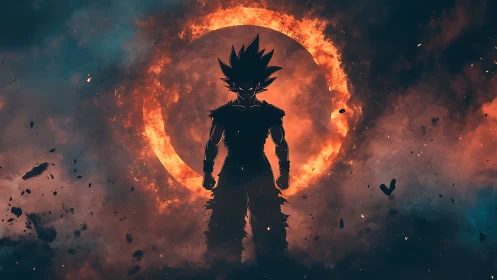 Solar storm warrior ignites within a burning celestial halo.