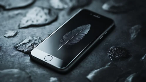 Photorealistic smartphone still life with feather motif on screen.