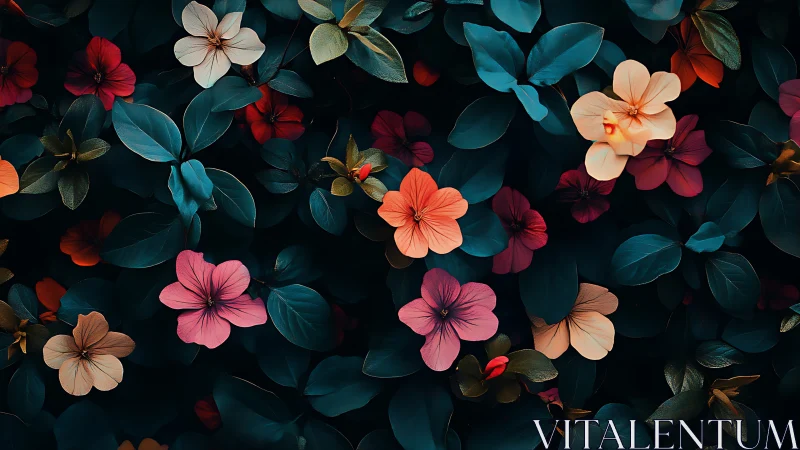 Moody tropical florals glow against deep teal foliage at dusk.