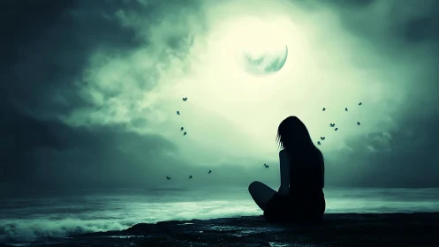 Silhouette of lone woman by moonlit sea under dark sky.