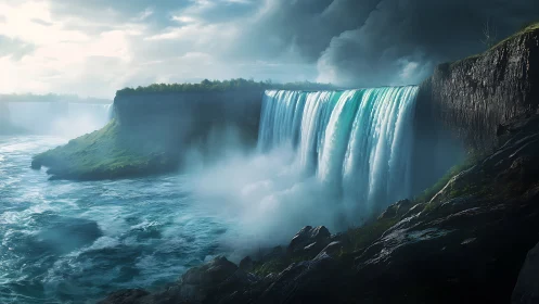 Dramatic waterfall cliff scene under stormy sky.
