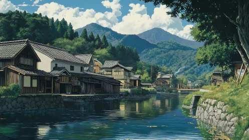 Riverside mountain village under bright summer sky.