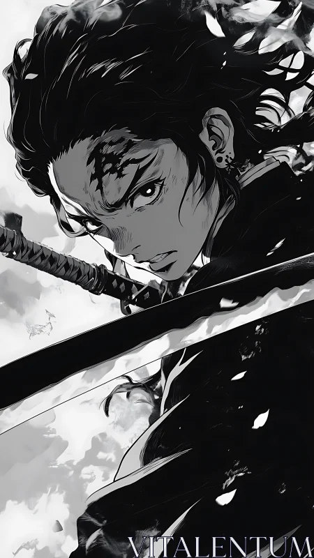 Swordsman stares forward gripping blade in dynamic closeup