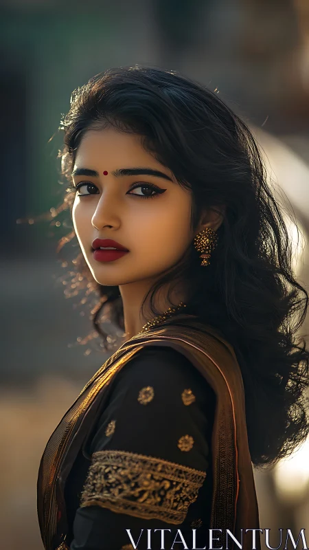Golden hour portrait of a woman in embroidered saree.