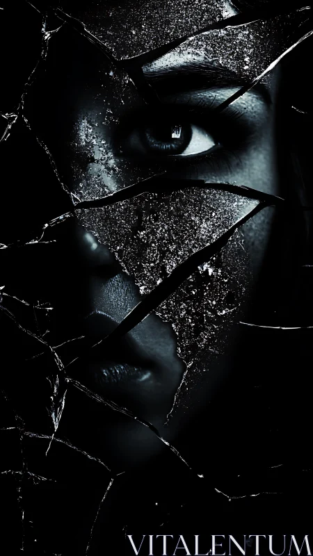 Shattered gaze in midnight glass, a fractured silent portrait.