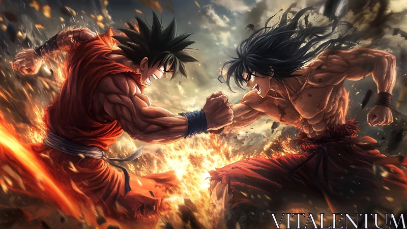 Explosive anime duel between muscular warriors in blaze of fire.