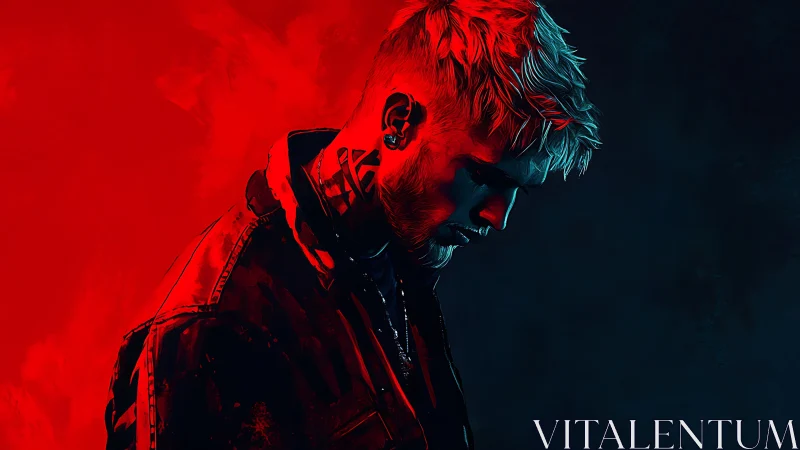 Side profile portrait in split red and blue lighting.